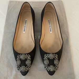 Manolo Blahnik Black Satin Jewel Flats